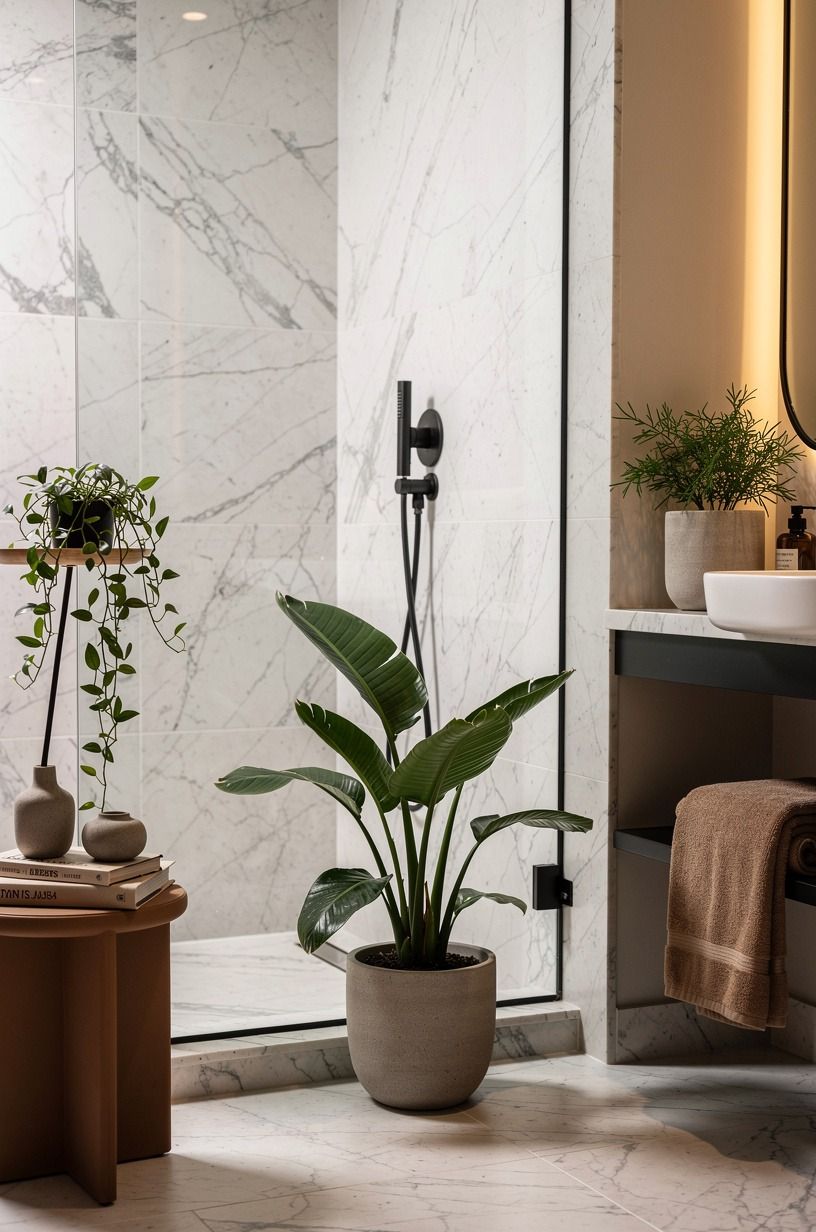 Add plants instead of more stone wall shower decor