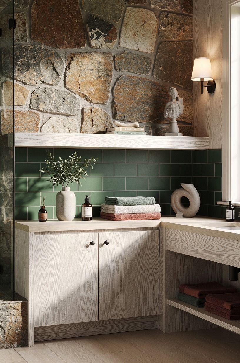 Anchor the stone wall shower decor with a ledge