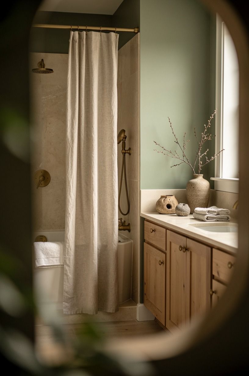 Hang a linen panel for a softer cave style shower