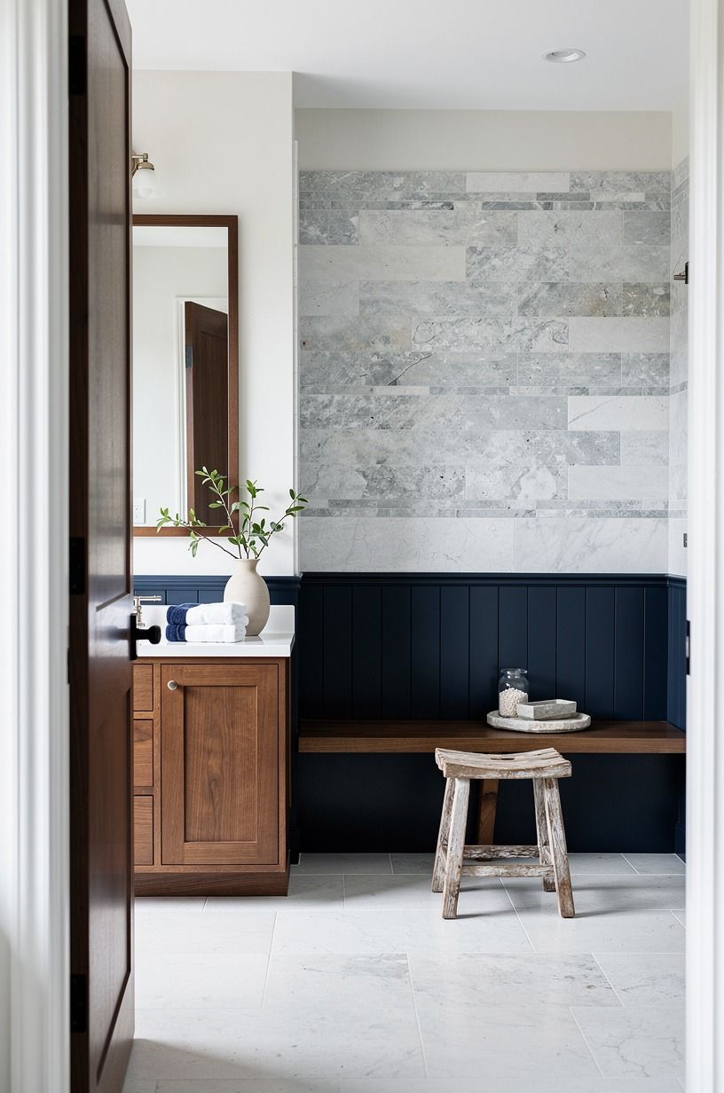 Layer stone shower decor with the Two-Wood Rule