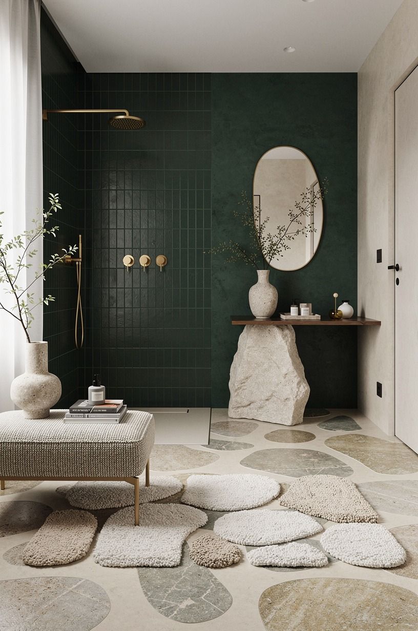 Let the floor carry the stone rock shower mood
