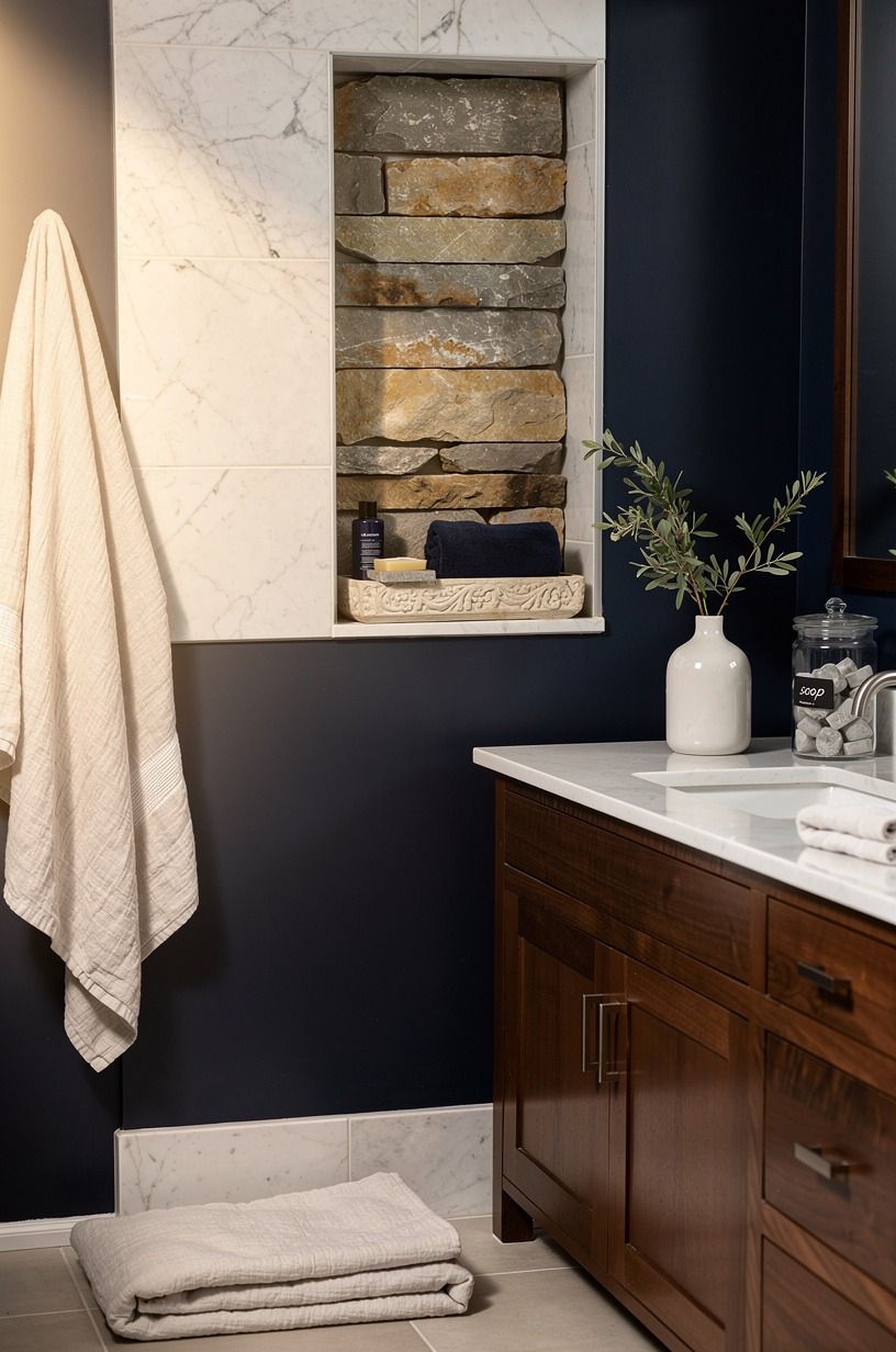 Use a dry niche for practical stone shower decor