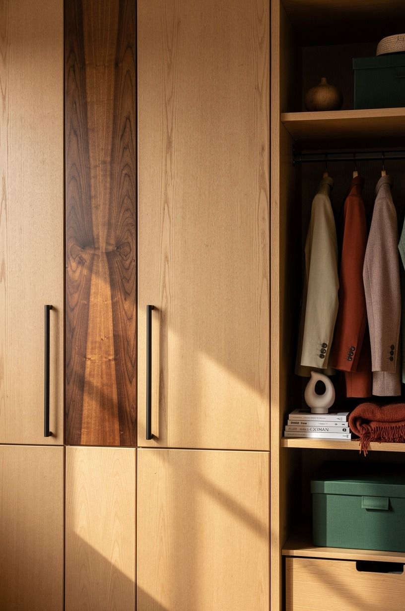 Mix dressing room decor ideas with one wood tone