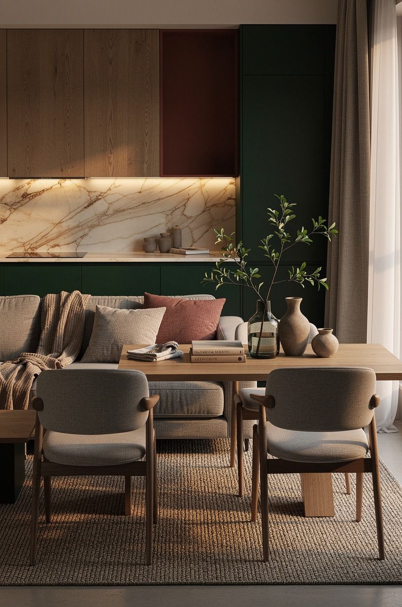 Balance the Two Tone Wood Kitchen with Soft Textiles