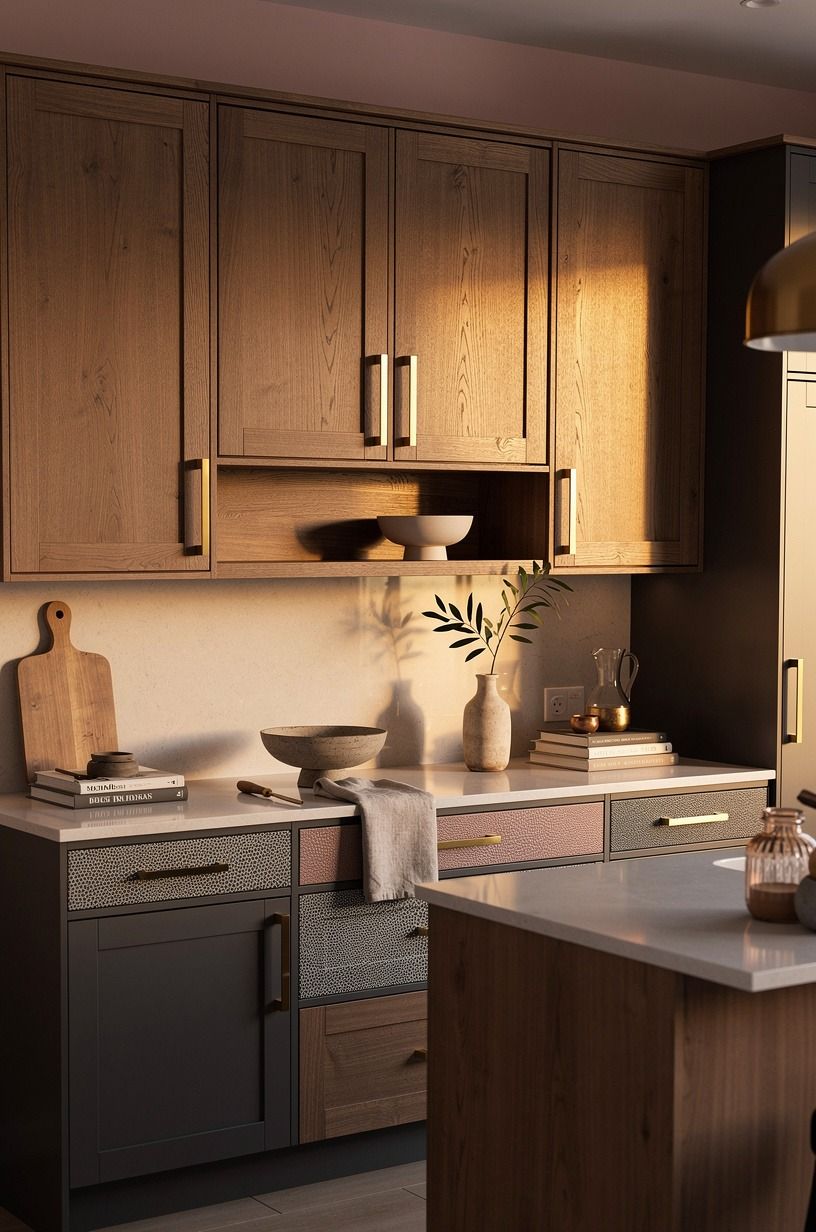 Layer Wood Cabinets with Gold Hardware