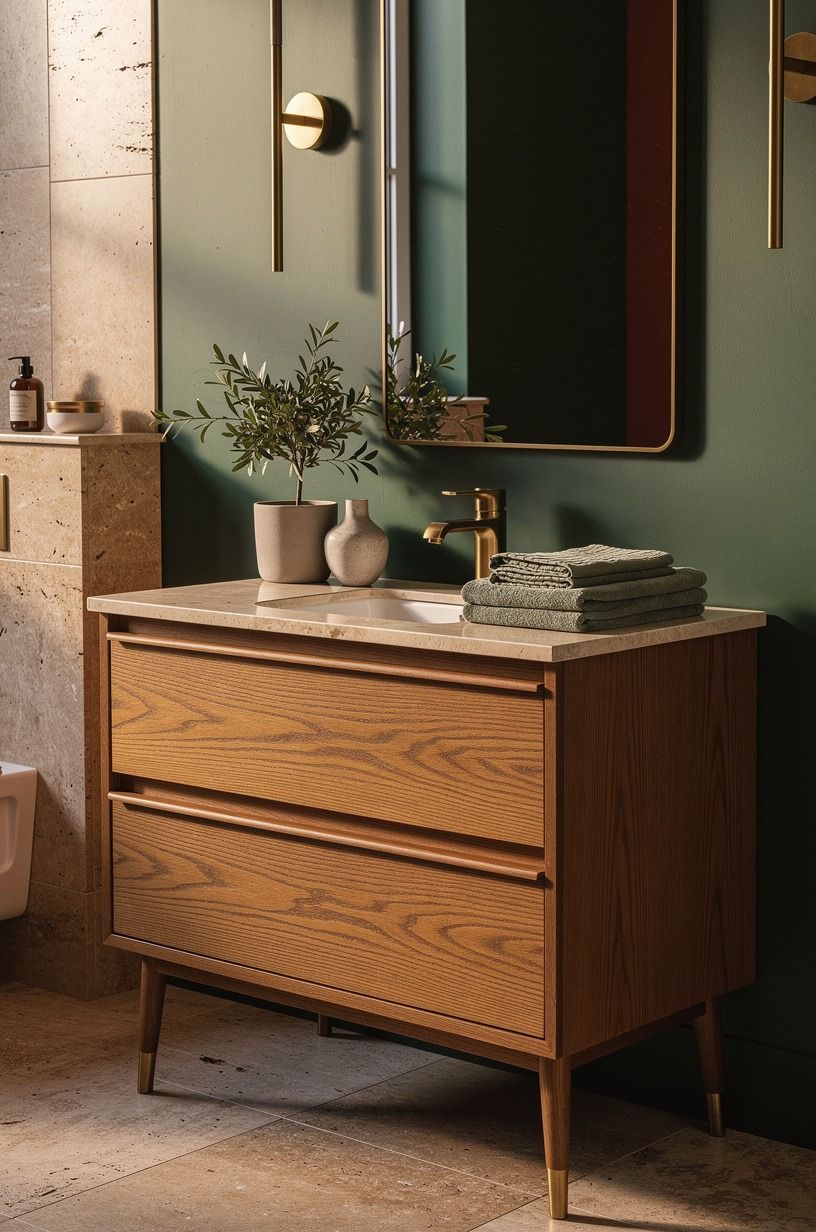 Choose a compact vanity with warm grain