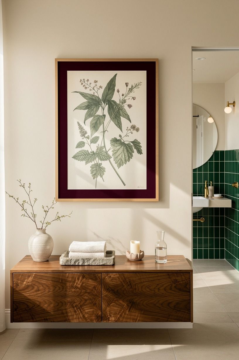 Frame botanical art with a burgundy mat