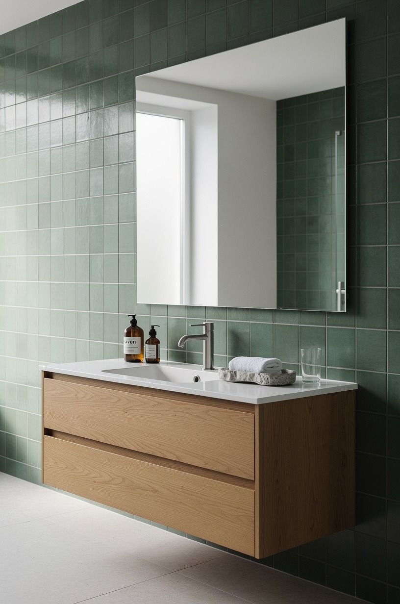 Pair Warm Wood Over Cool Green Tile