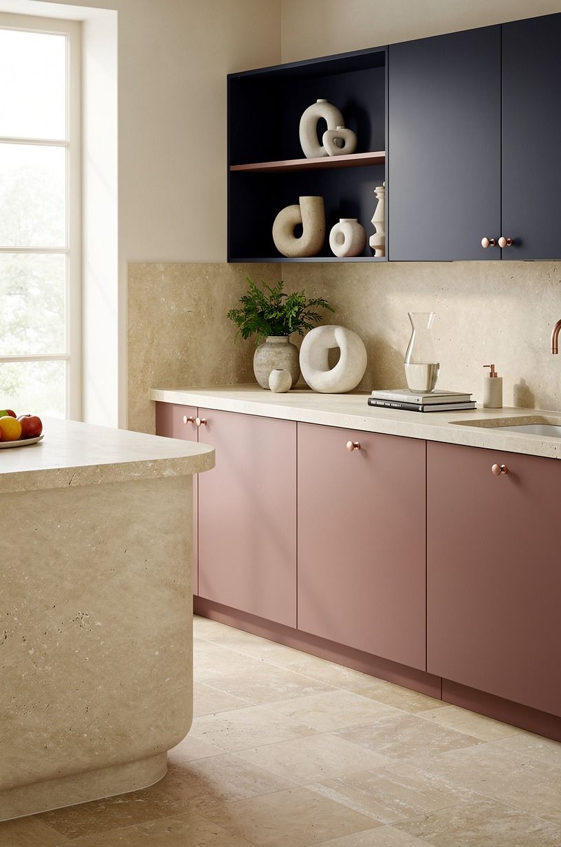 Paint the lower cabinets in a dusty rose