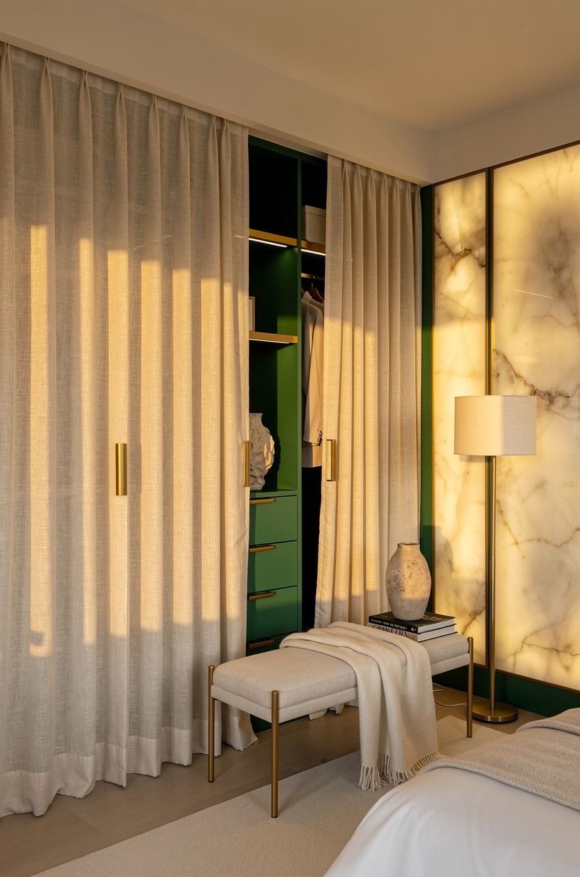 Frame the closet with soft linen curtains