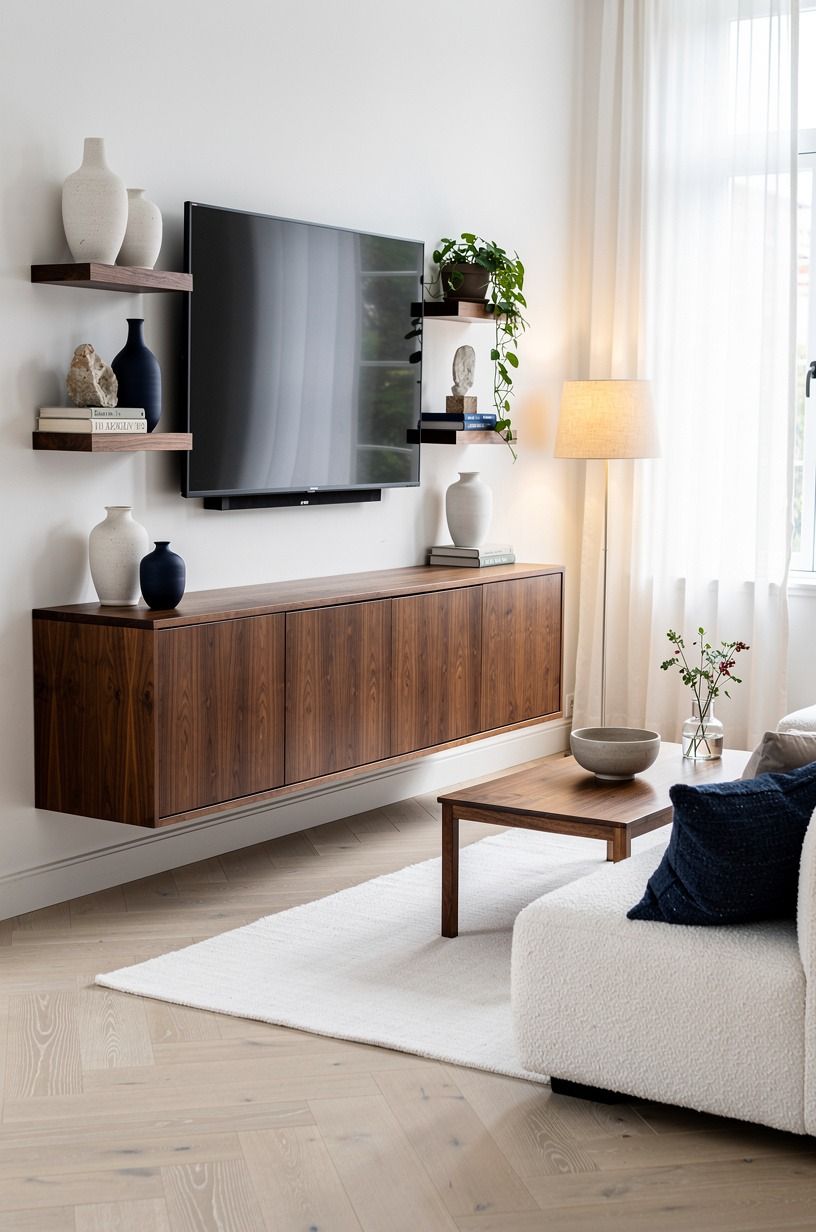 Float the cabinet for a lighter minimalist media wall