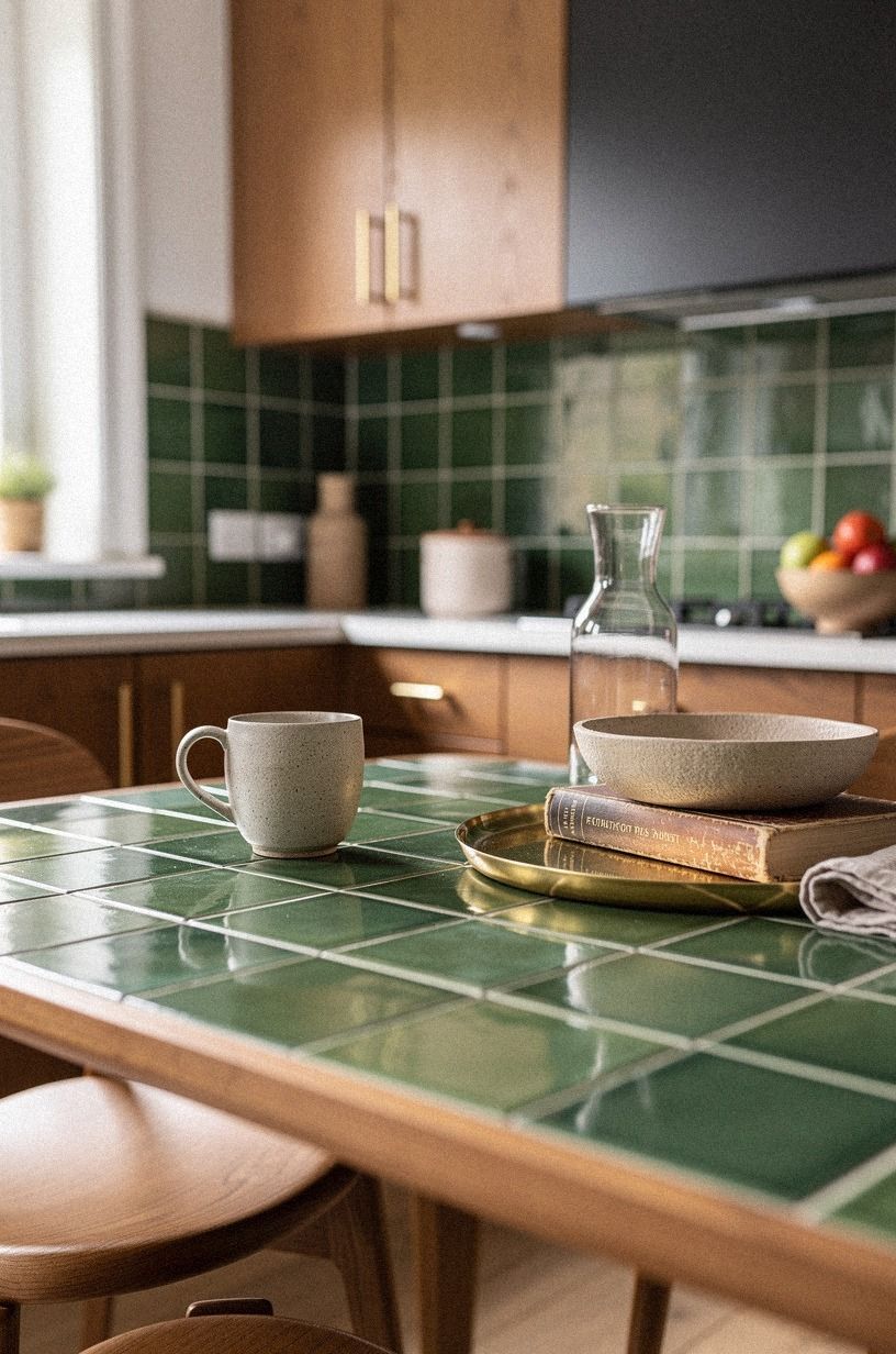 Mix green tile with warm oak trim
