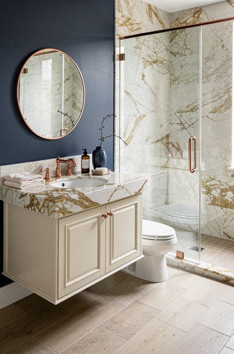 Anchor a Small Room with a Light Walnut Travertine Tile Bathroom Floor