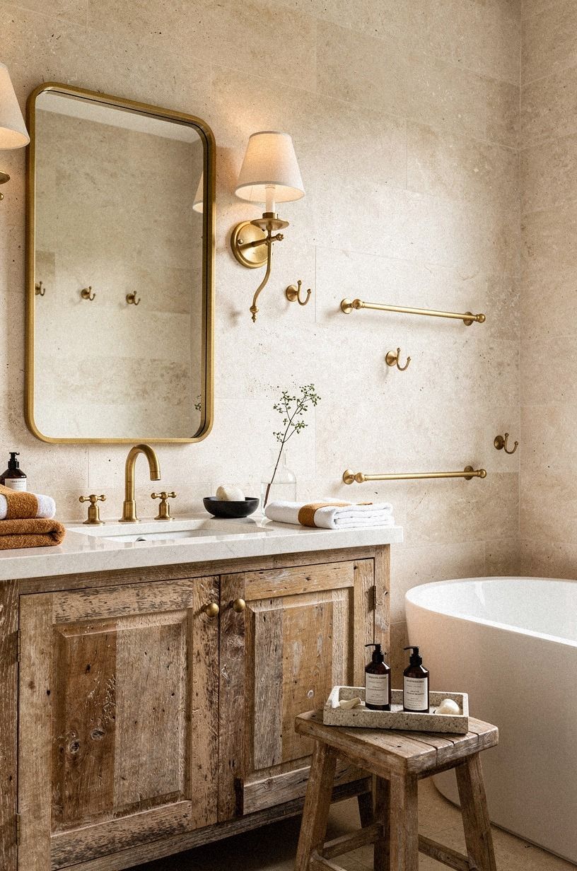 Swap Chrome for Unlacquered Brass in a Warm Stone Bathroom