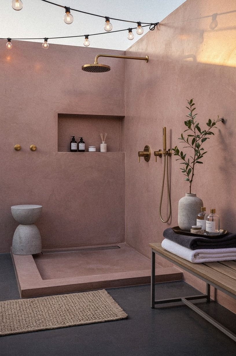 Anchor the open-air bathroom design with a 36-inch shower zone