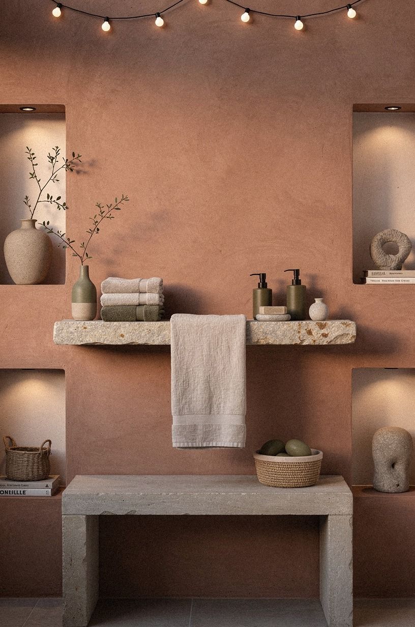 Float a narrow shelf for towels and soap