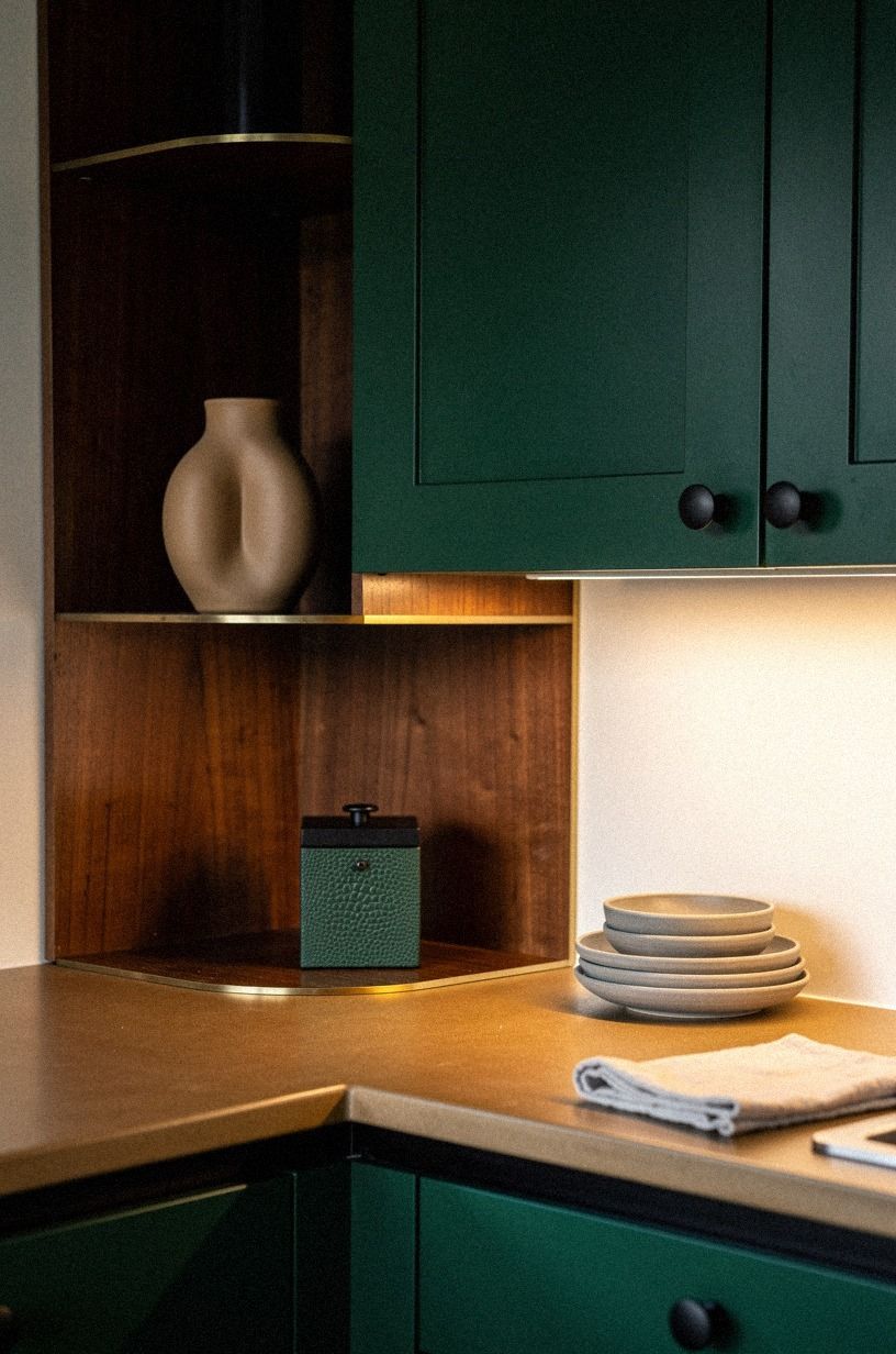 Farrow & Ball Studio Green Finishes the Upper Cabinets
