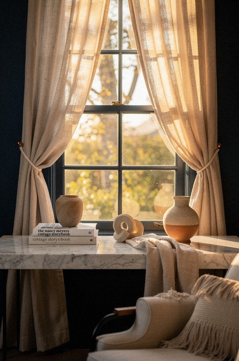 Hang linen curtains above the frame