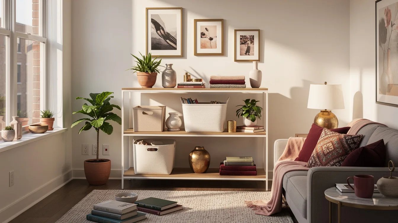 Frame Open Shelves with a White Basket