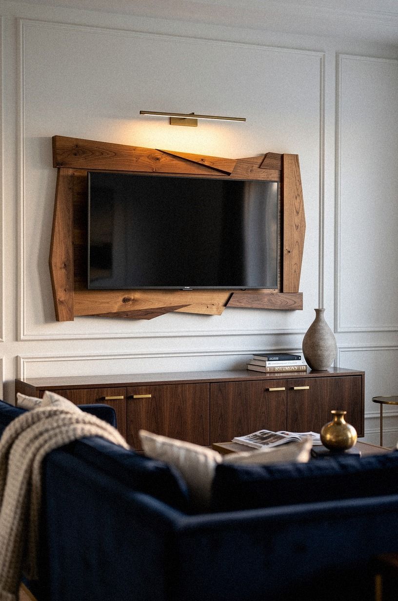 Frame the television with asymmetrical cedar