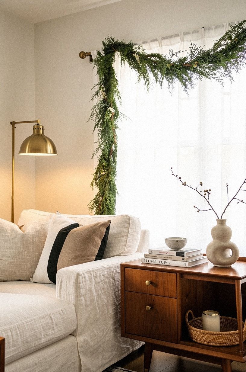 Tuck the garland into a renter-safe tension rod
