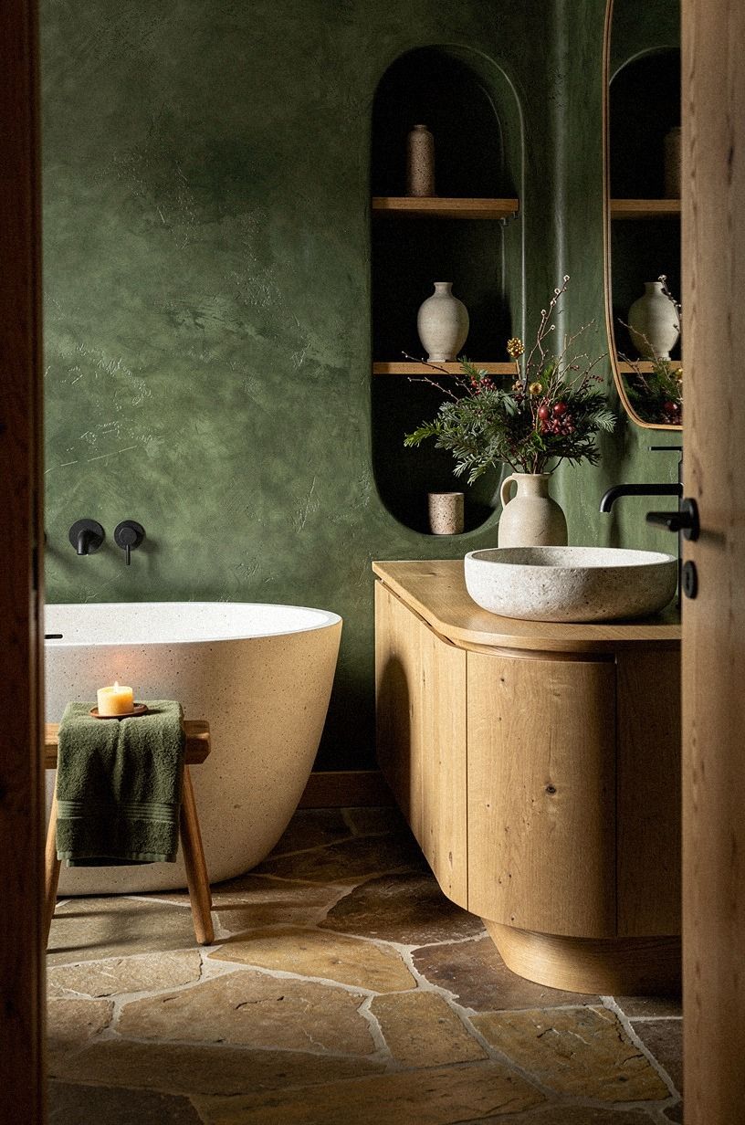 Mix the Two-Era Rule for an Earthy Holiday Bathroom