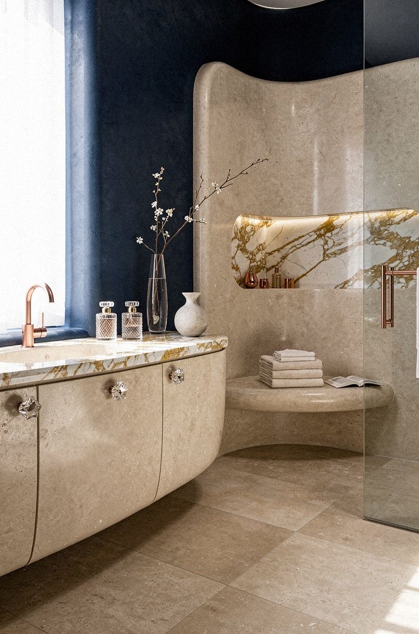 Mix crystal with honed travertine