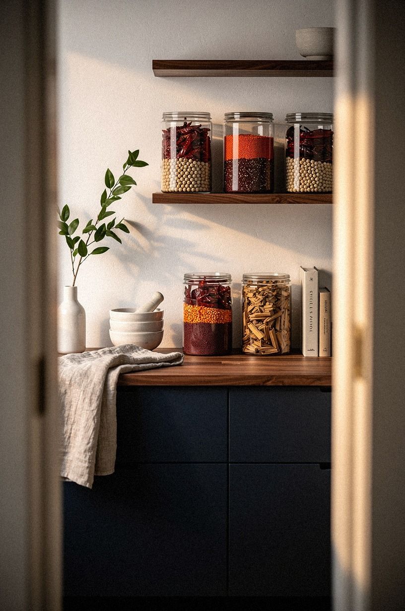 Fill Clear Jars with a Red-and-Wood Pantry Mix