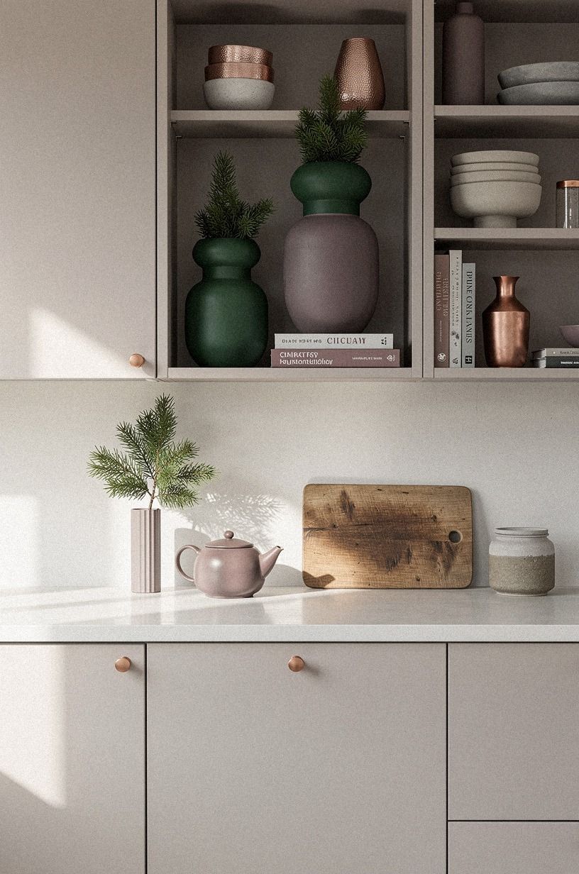 Layer the Three-Height Green Stack for Christmas Open Shelving