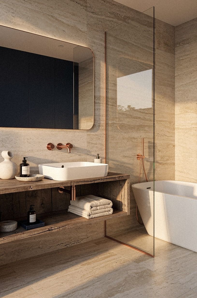 Layer travertine with one calm wood tone