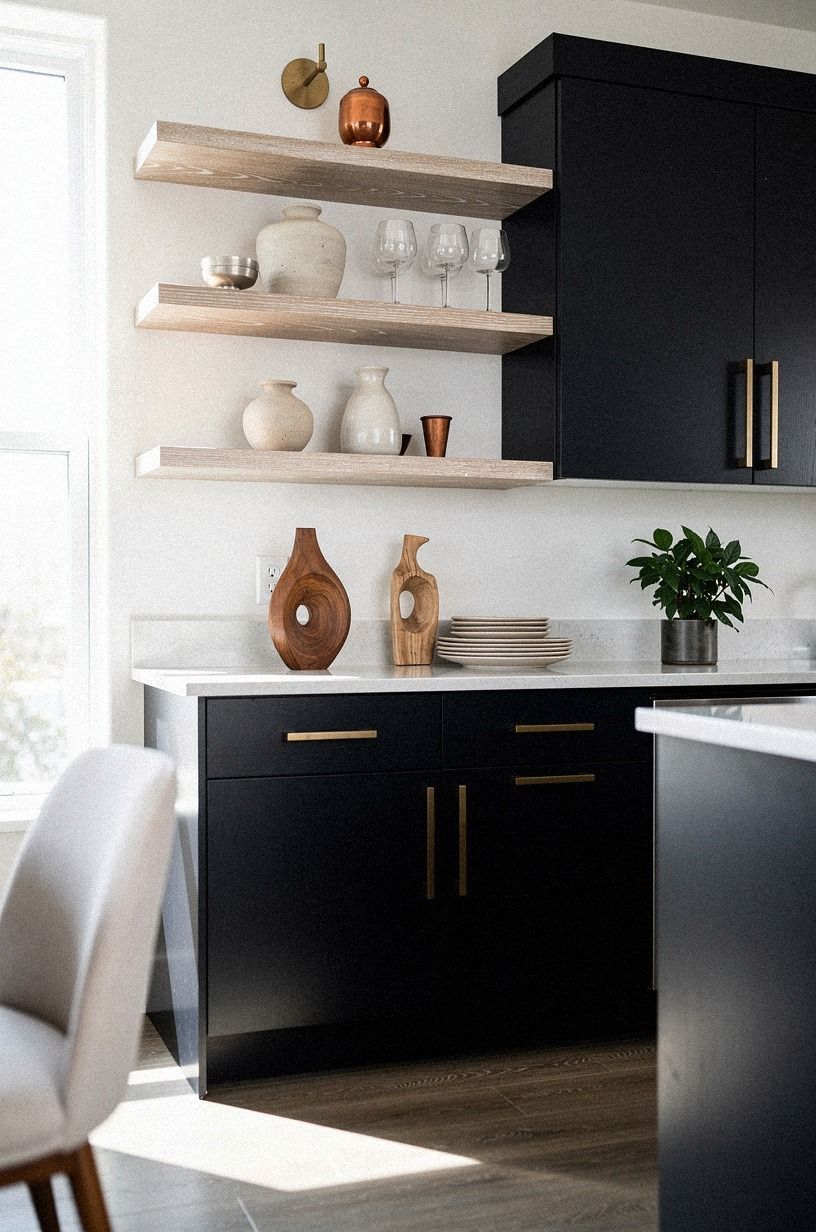 Float open shelves beside the black cabinetry