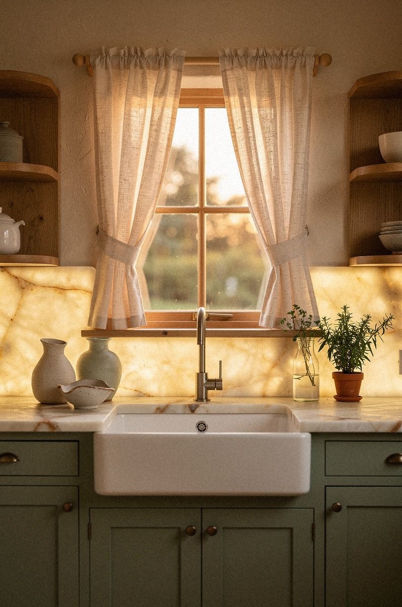 Frame the sink with a cottage-style window treatment