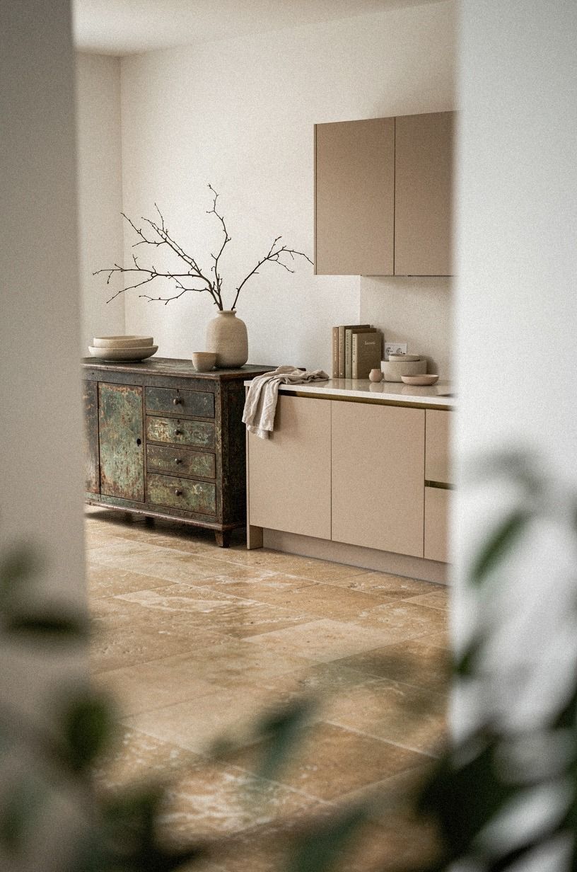 Mix vintage kitchen modern pieces with one old focal point