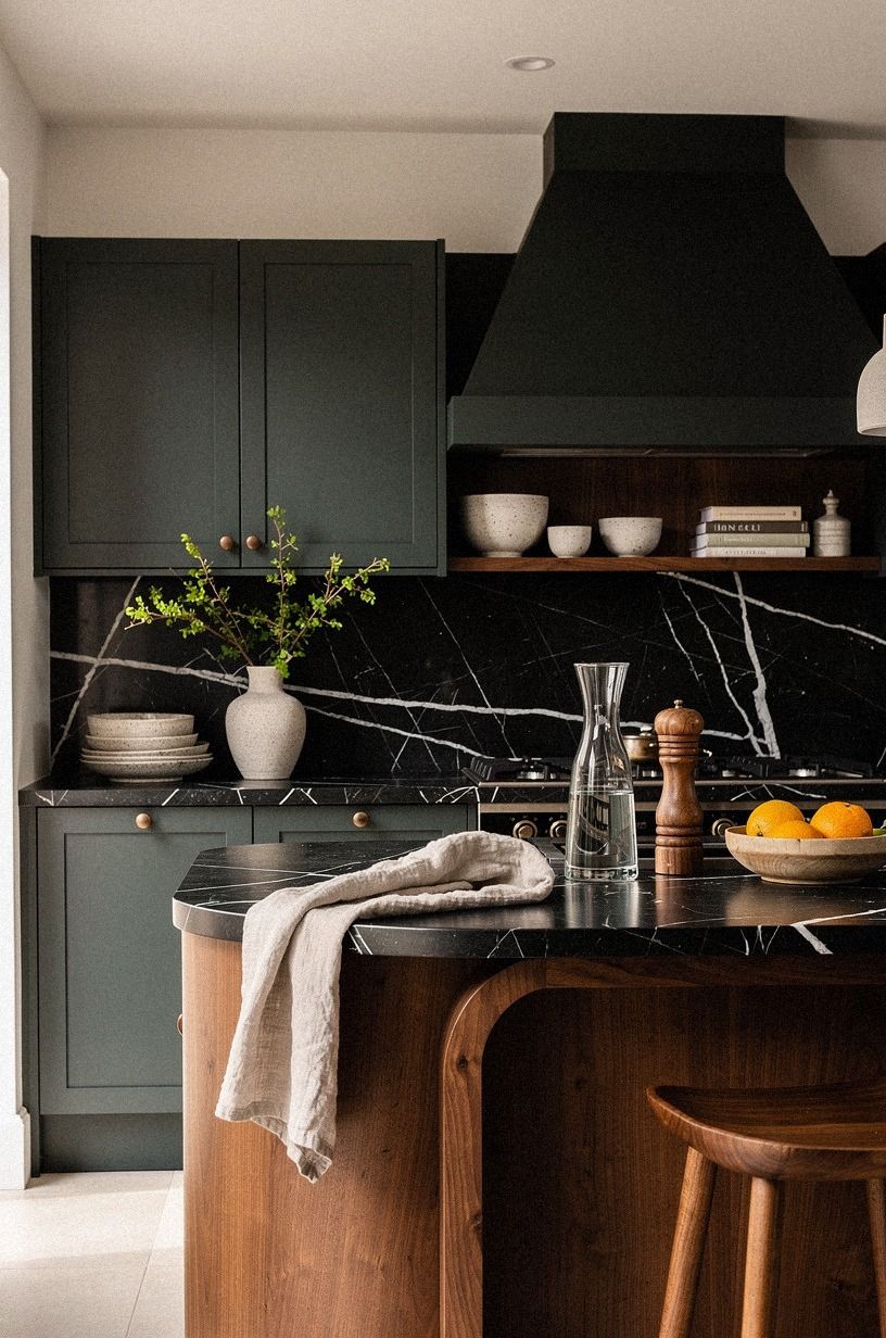 Paint the cabinets in a soft black with green undertones
