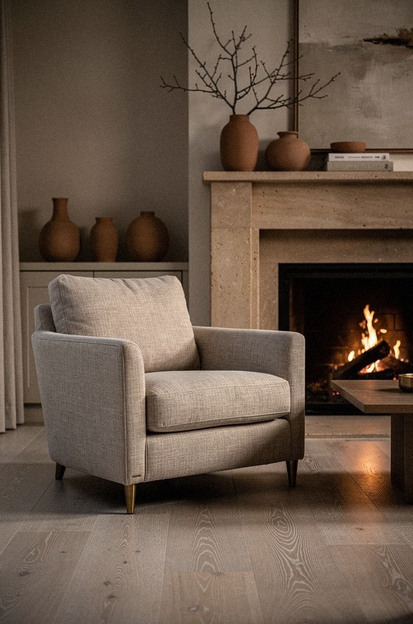 Float one linen chair beside the fire