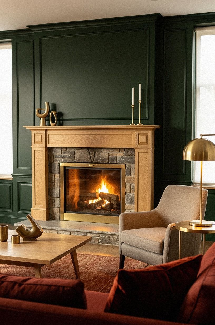Frame the fire with warm stone and brass
