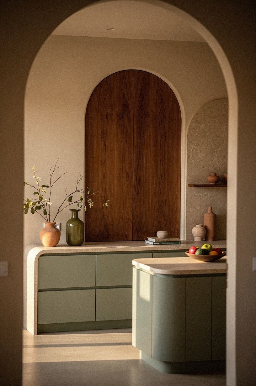 Use Sherwin-Williams Evergreen Fog for the lower cabinets