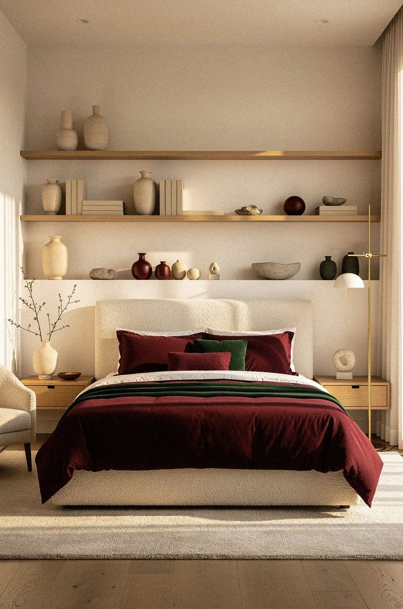 Frame the Bed with Burgundy and White Bedroom Contrast