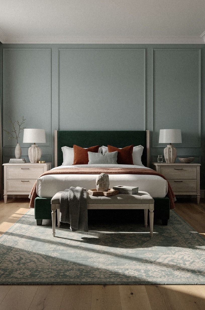 Float a Rug Past the Bed in a Blue Green Room Decor Palette