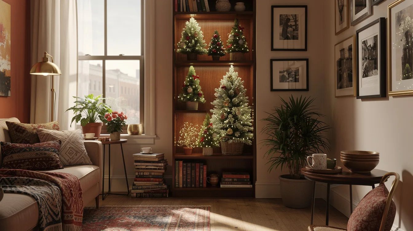 Fill a Bookcase With Tiered Mini Trees