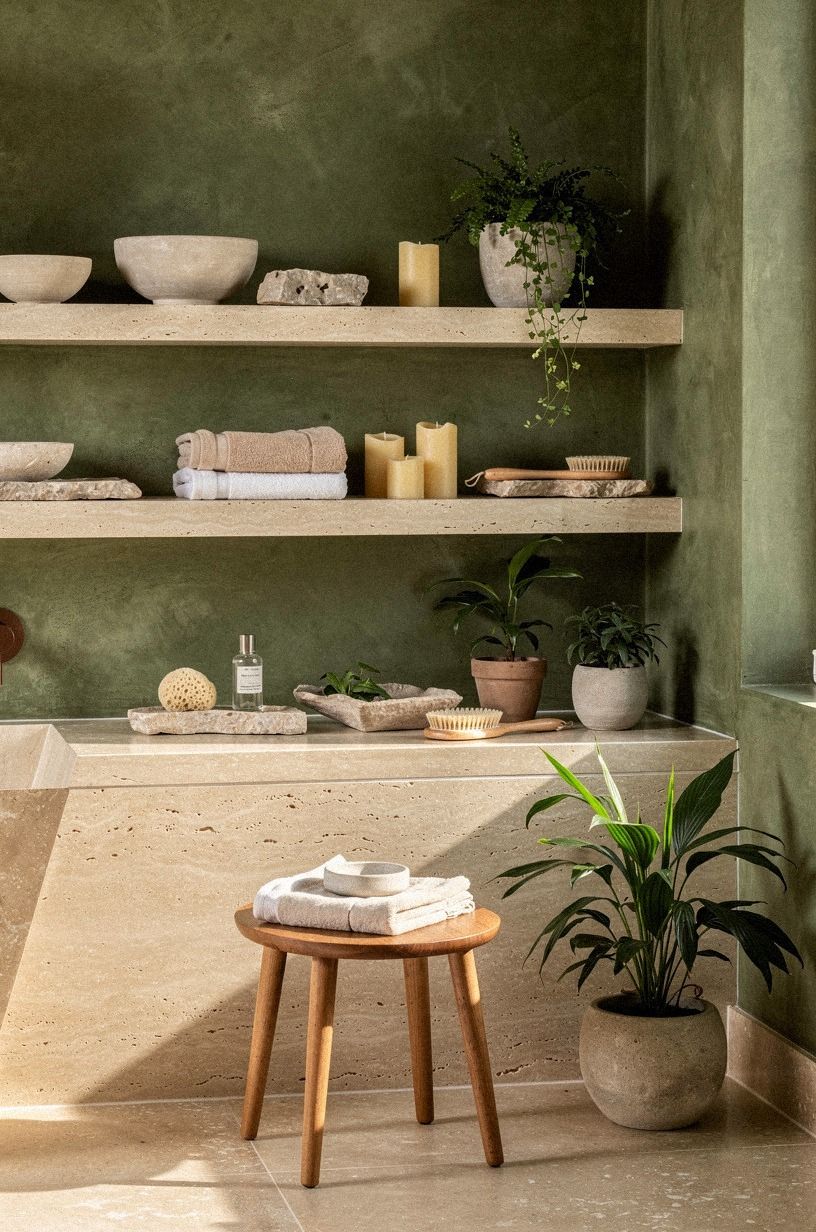 Build a Warm Stone Bathroom With Quiet Storage