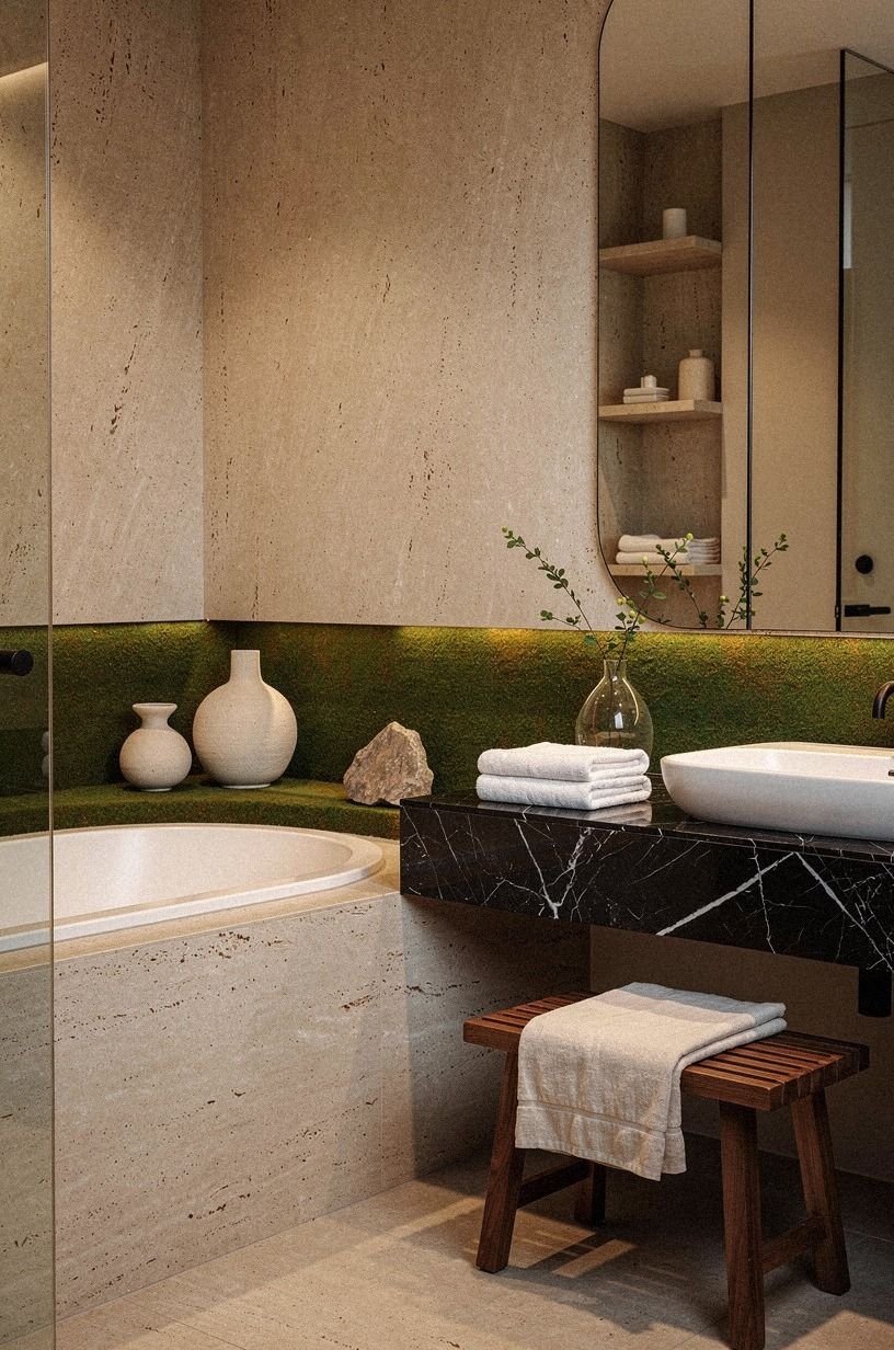 Layer Moss Green Around Honed Travertine