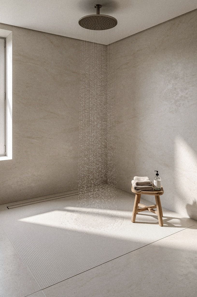 What should go on the open shower floor?