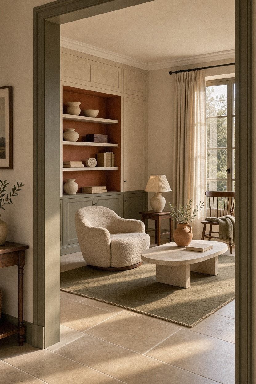 Float oat-colored curtains beside built-ins