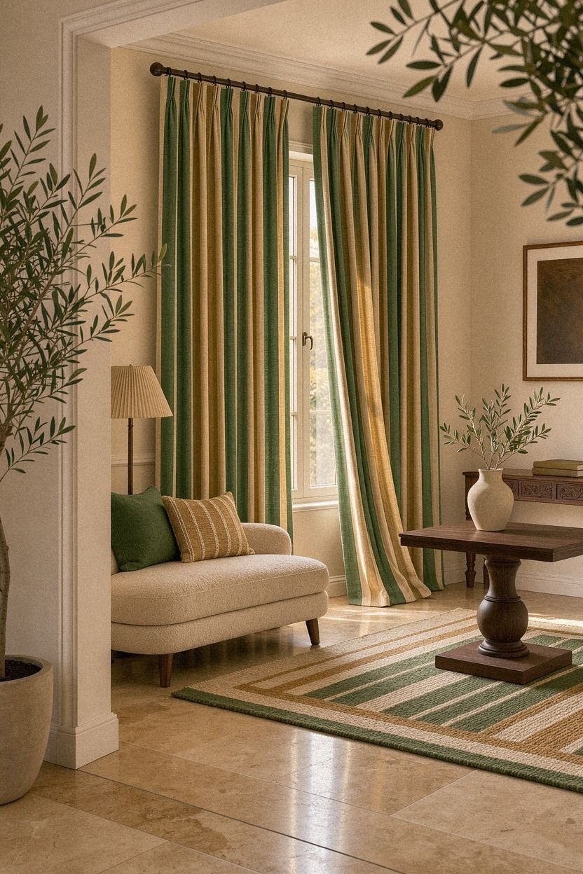 Hang striped thermal curtains for quiet movement