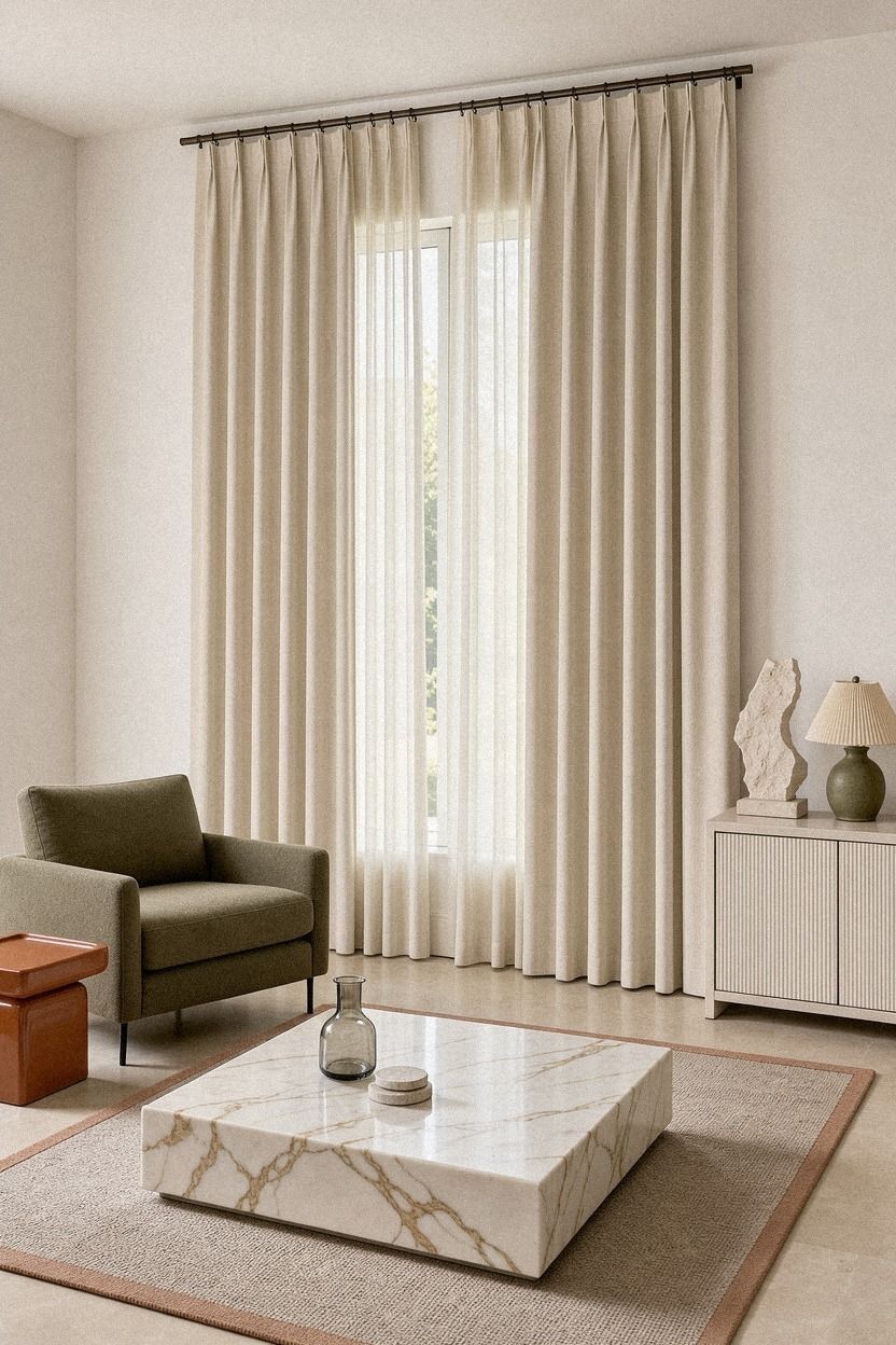 Layer cream thermal curtains over warm white walls