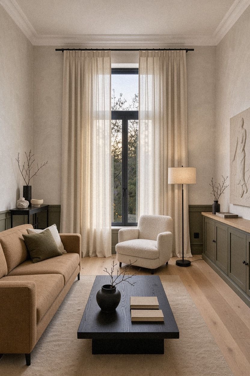 Mix olive panels with natural linen