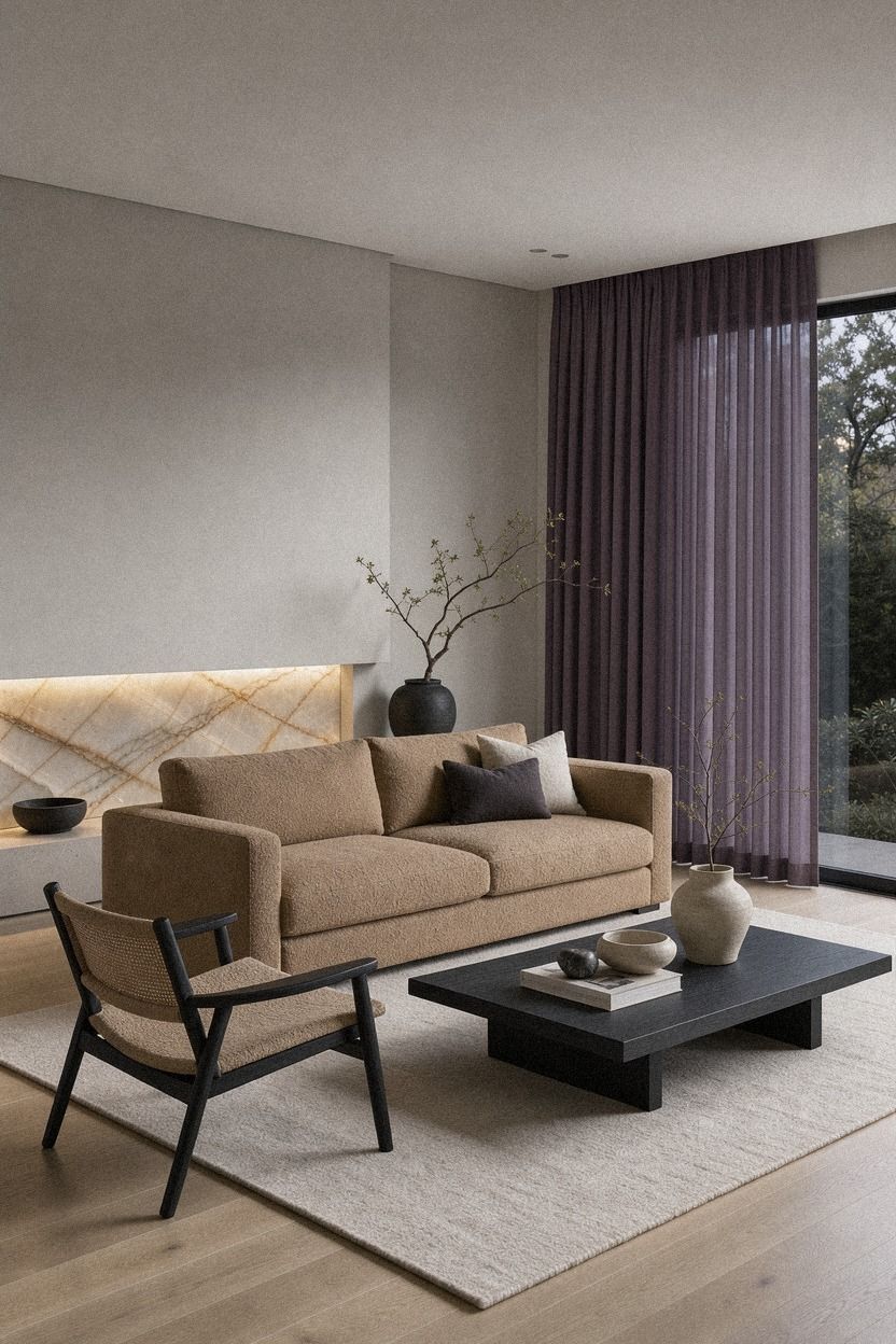 Sherwin-Williams Agreeable Gray Behind Purple Curtains