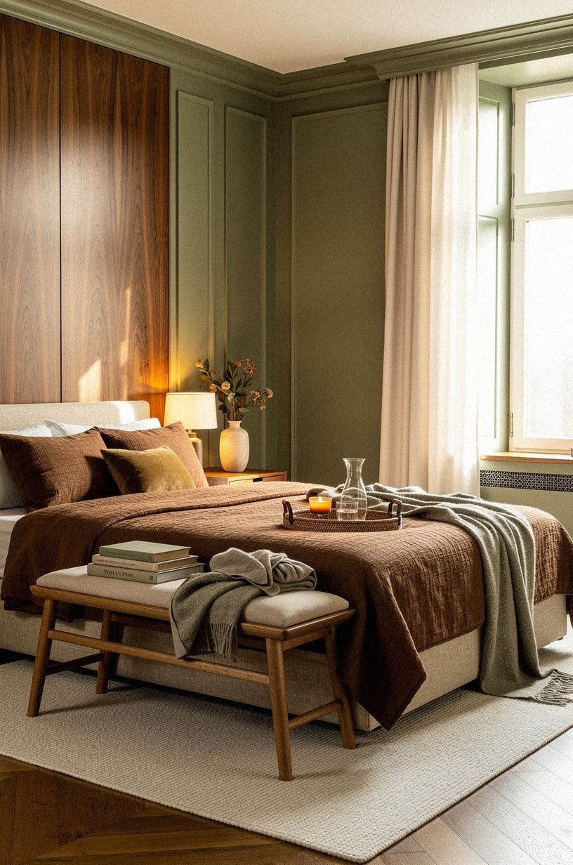 Mix linen and mohair for brown tones bedroom depth