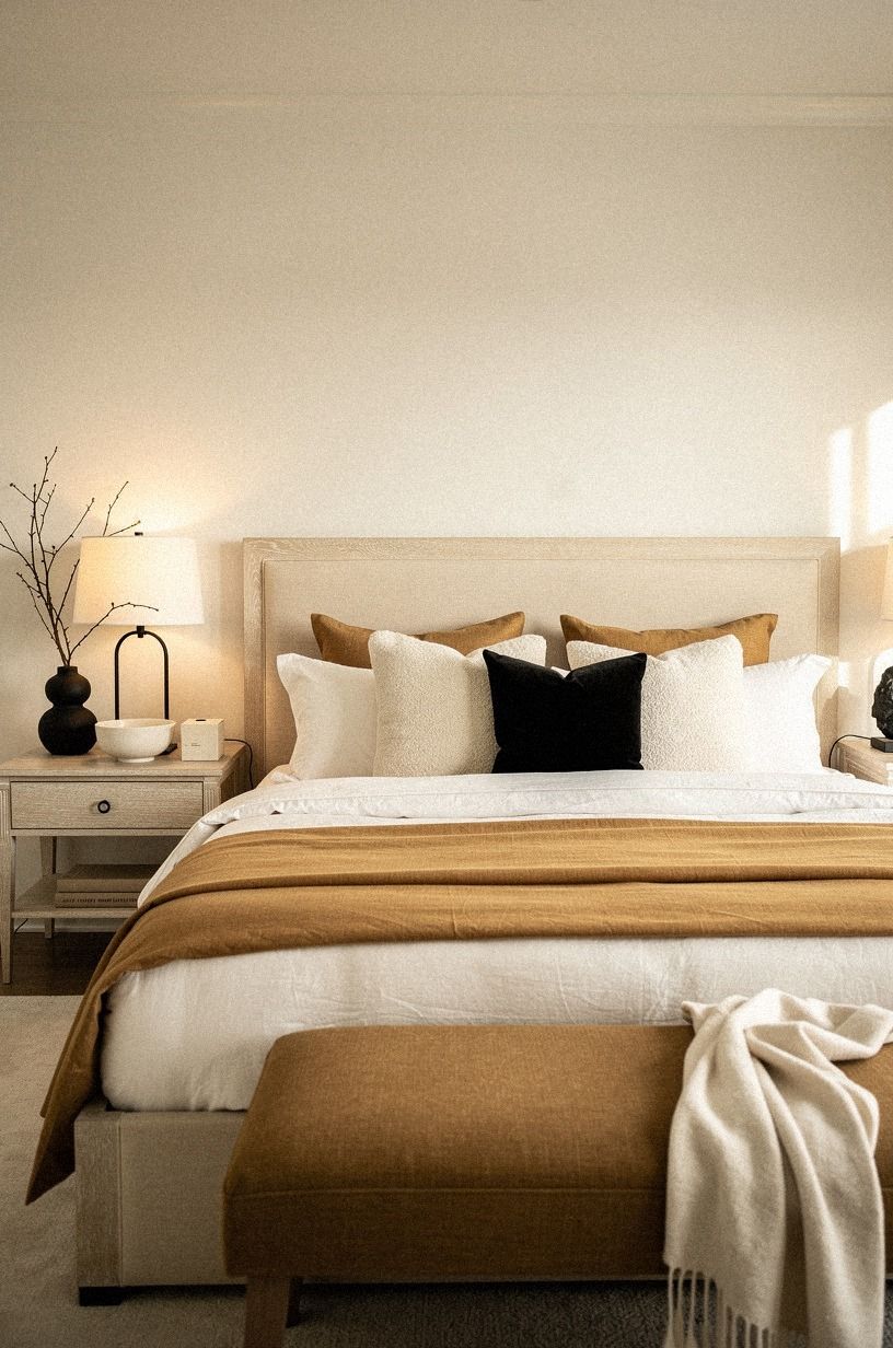 Paint warm walls before buying a cream brown bedroom headboard